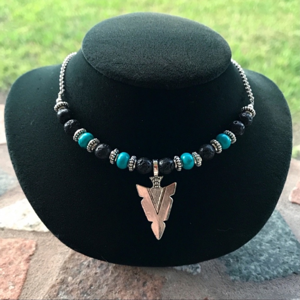 Lava rock & turquoise boho silver arrow choker
